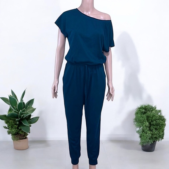 Women's Navy Blue Casual Wide-Neck Elastic Waist Stretch Long Romper Jumpsuit - Picture 11 of 16